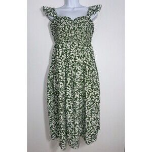 Abercrombie Fitch Green White Floral Smocked Ruffle Midi Dress Pockets Women LP